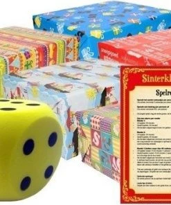 Bellatio Decorations Sinterklaas Spel Gele Dobbelsteen En 8x Inpakpapier Rollen - Pakjesavond Sinterklaasspel Dobbelstenen En Cadeaupapier Set