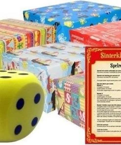 Merkloos Sinterklaas Spel Gele Dobbelsteen En 10x Inpakpapier Rollen - Pakjesavond Sinterklaasspel Dobbelstenen En Cadeaupapier Set