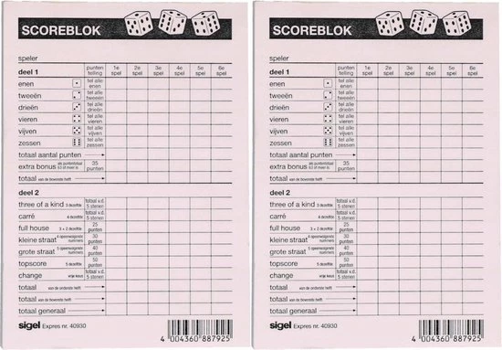 Haza 2x Scoreblokken Yahtzee 100 Vellen - Familiespellen - Dobbelspellen - Dobbelspel - Scoreblokken/scorekaarten - Score Notitieblok 1 Haza 2x Scoreblokken Yahtzee 100 Vellen - Familiespellen - Dobbelspellen - Dobbelspel - Scoreblokken/scorekaarten - Score Notitieblok