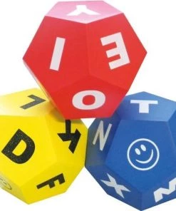 Spordas Set Van 3 |12 Kantige Dobbelstenen Met Letters En Een Smiley | Letterdobbelstenen Set | Letter Dobbelsteen | Rood-Blauw En Geel