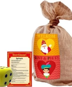 Merkloos Sinterklaas Spel Met Gele Dobbelsteen En Cadeauzak 50 X 80 Cm - Pakjesavond Sinterklaasspel Dobbelstenen Set