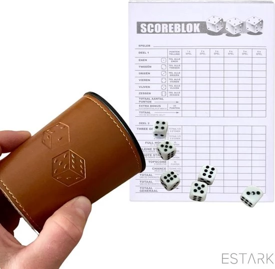 ESTARK LUXE Yahtzee Set - Dobbelset - 10 X Scoreblok - Yathzeeset - Poker - Dobbelspel - Score Blok - Dobbelstenen - Familiespellen - 6 Dobbelspellen - Spel - Werpbeker - 17 Delig 1 ESTARK LUXE Yahtzee Set - Dobbelset - 10 X Scoreblok - Yathzeeset - Poker - Dobbelspel - Score Blok - Dobbelstenen - Familiespellen - 6 Dobbelspellen - Spel - Werpbeker - 17 Delig