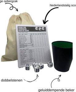 Merkloos Yathzee Set Met Handige Opbergzak - Dobbelspel - Scoreblok (100 Vellen) In Het Nederlands - 5 Dobbelstenen - Pokerbeker | Perfect Verjaardag Of Kerstcadeau