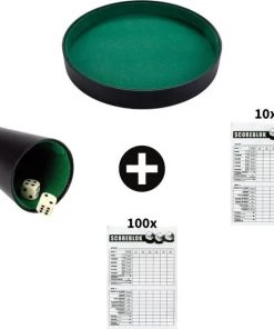 Djeals.nl Djeals Yahtzee Set - Pokerpiste + Dobbelspel + 100 Vellen - Dobbelbak - Pitjesbak - Gezelschapspel