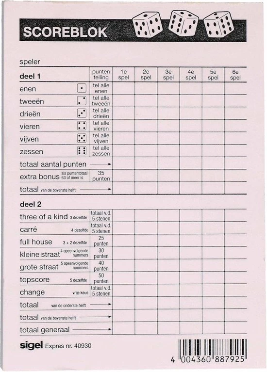 Sigel Yahtzee Spel Accessoires Set 100 Vellen Scoreblok/6 Dobbelstenen - Familiespellen - Dobbelspellen - Dobbelspel 4 Sigel Yahtzee Spel Accessoires Set 100 Vellen Scoreblok/6 Dobbelstenen - Familiespellen - Dobbelspellen - Dobbelspel - Afbeelding 4