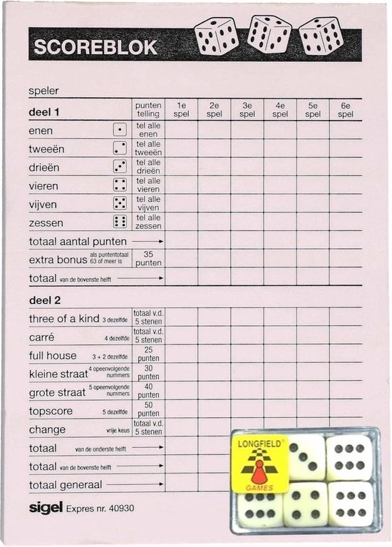 Sigel Yahtzee Spel Accessoires Set 100 Vellen Scoreblok/6 Dobbelstenen - Familiespellen - Dobbelspellen - Dobbelspel 1 Sigel Yahtzee Spel Accessoires Set 100 Vellen Scoreblok/6 Dobbelstenen - Familiespellen - Dobbelspellen - Dobbelspel