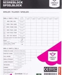 Longfield Yathzee Scoreblok 1 Stuks - 100 Pagina's -Dobbel Spellen Winkel 550x776 1